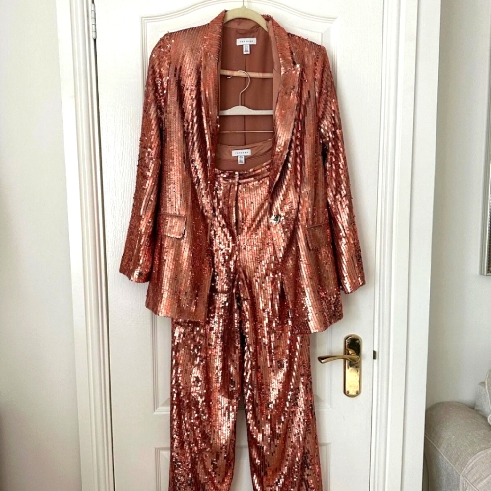 Topshop Rose Gold Sequin Pantsuit LN with Pockets Size 4